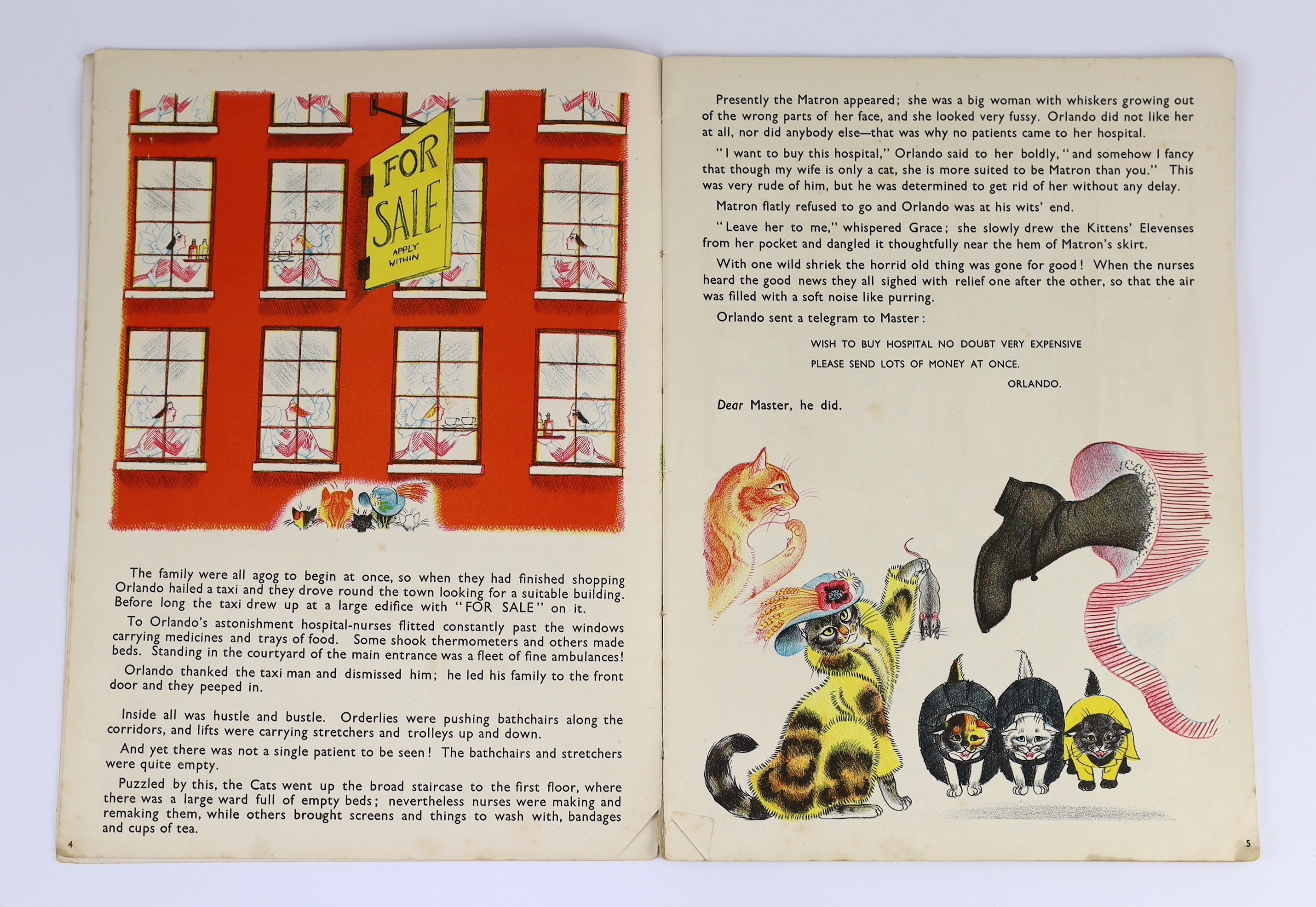 Hale, Kathleen - Orlando (the Marmalade Cat). Becomes a Doctor. First edition, coloured pictorial title and coloured illus. throughout. publisher's coloured pictorial wrappers, folio.